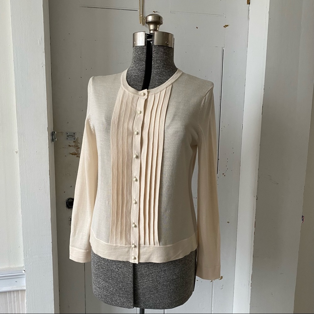Talbots Cream Merino Wool Ruffle Cardigan Sweater - Picture 2 of 13